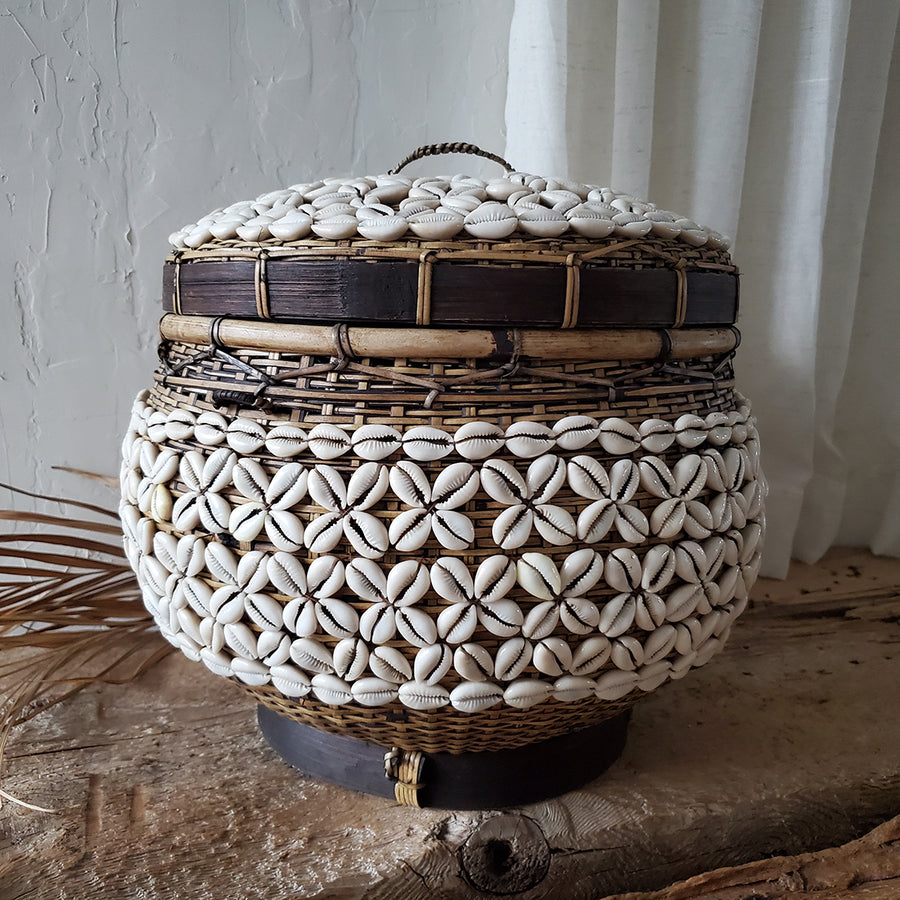 Large Handmade Seashell & Rattan Basket with lid from Bali