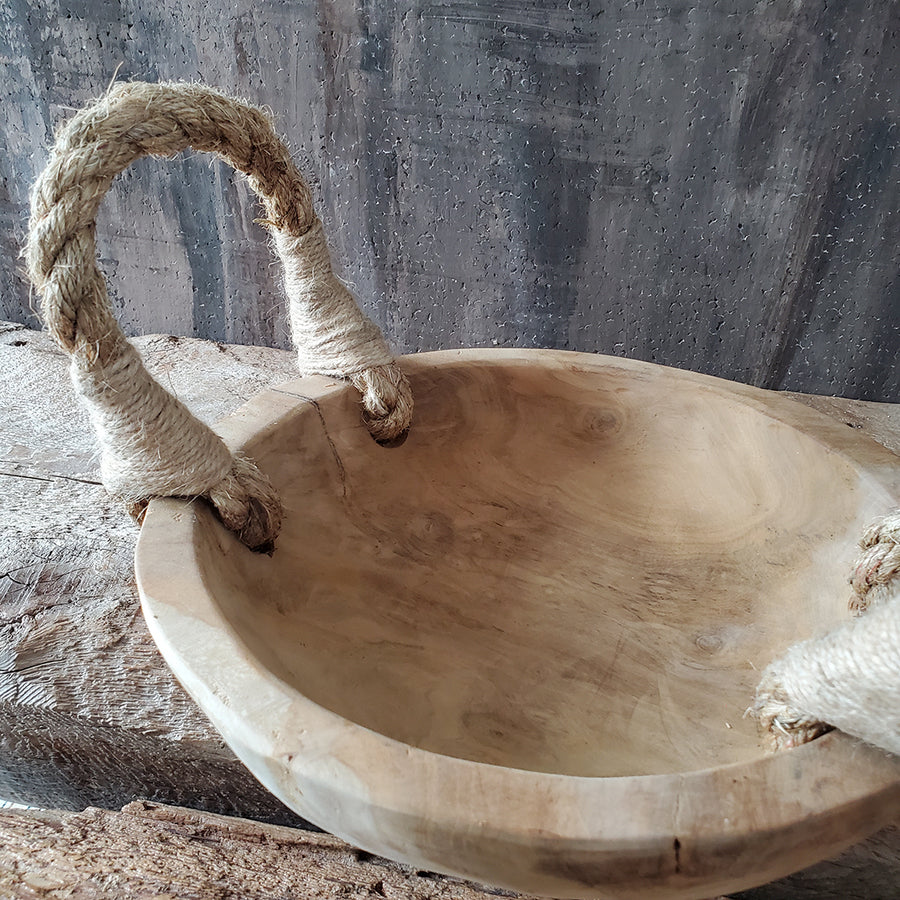 Rustic teak bowl and jute handles