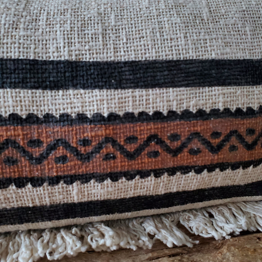 RAW COTTON TRIBAL LOG CUSHION COVER FROM BALI - IVORY, RUST, BLACK