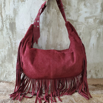 Maroon Fringe Suede Shoulder Bag