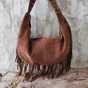 Camel Fringe Suede Shoulder Bag